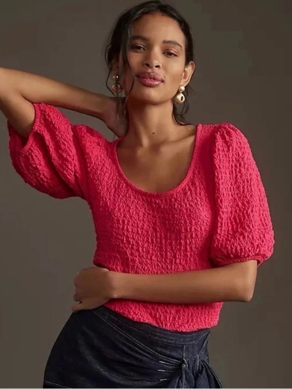 NWT Anthropologie Maeve Fuchsia Hot Pink Puff-Sleeve Textured Top